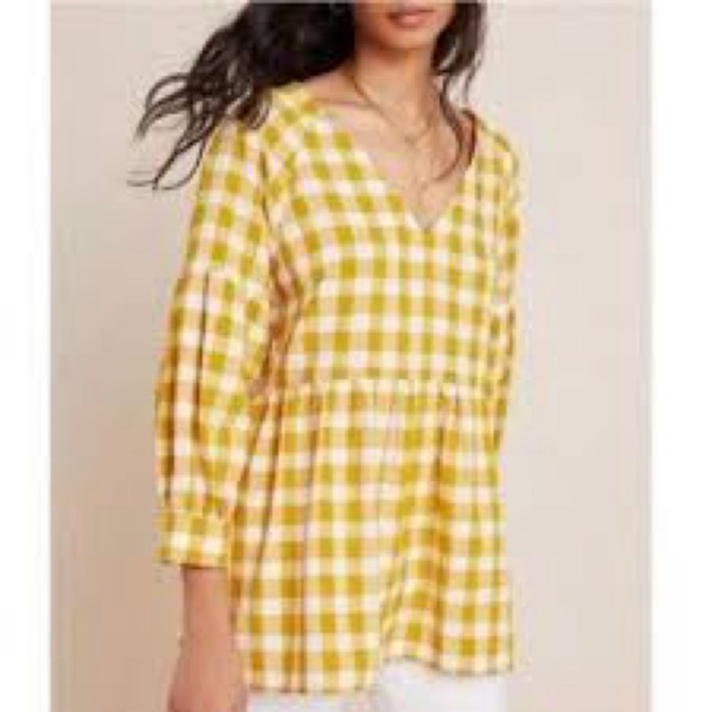 ANTHROPOLOGIE x MAEVE April Gingham Babydoll Yellow Blouse Size M